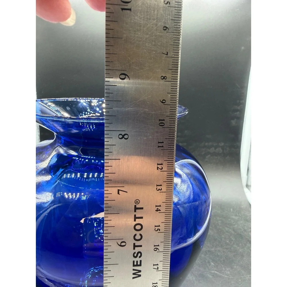 Vintage Cobalt Blue Hand Blown Art Glass Vase Flared Rim Polished Pontil 8.25in